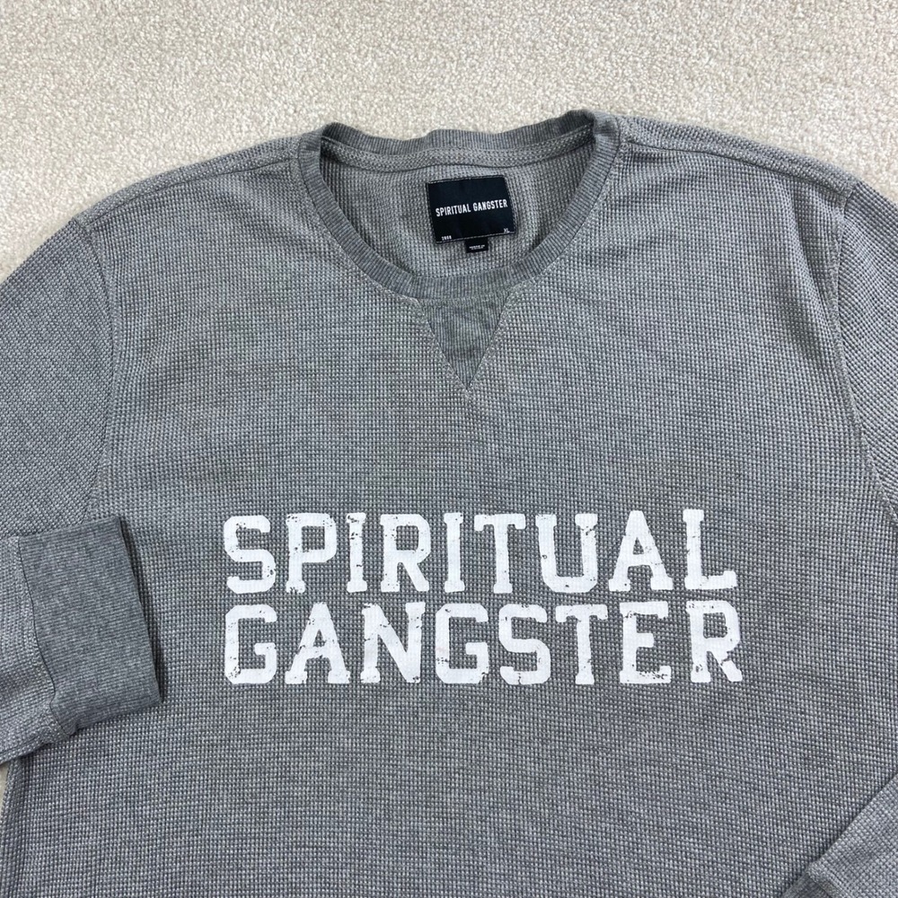 Spiritual Gangster Thermal Top Women XL Grey Waffle Knit Graphic Long Sleeve